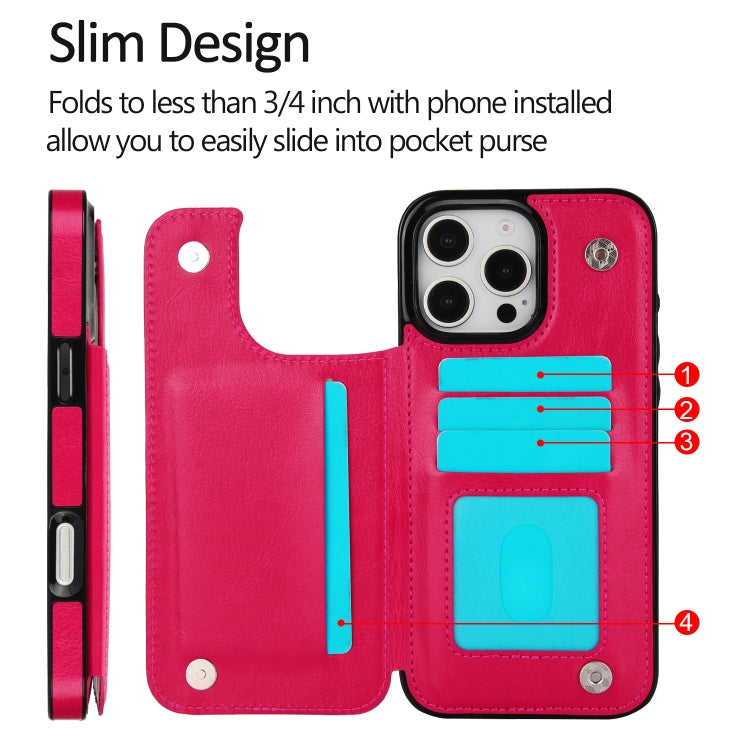 For iPhone 16 Pro Double Buckle Crazy Horse Texture PU Phone Case(Rose Red) by buy2fix