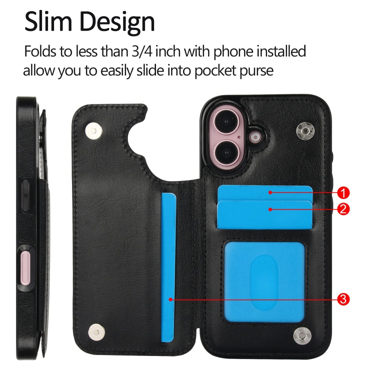 For iPhone 16 Plus Double Buckle Crazy Horse Texture PU Phone Case(Black) by buy2fix