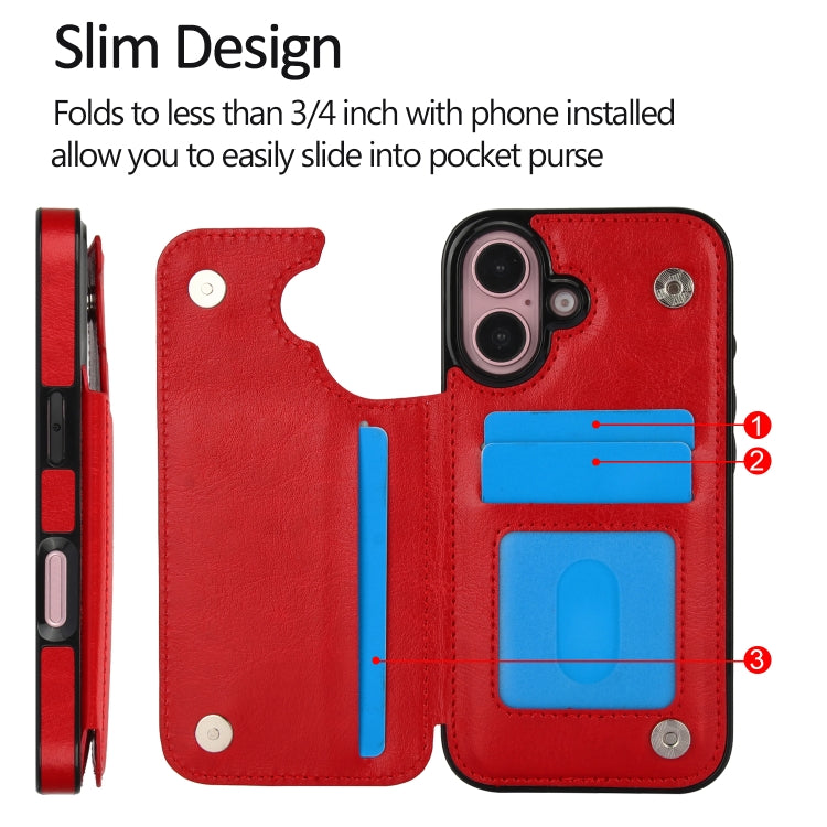 For iPhone 16 Double Buckle Crazy Horse Texture PU Phone Case(Red) by buy2fix