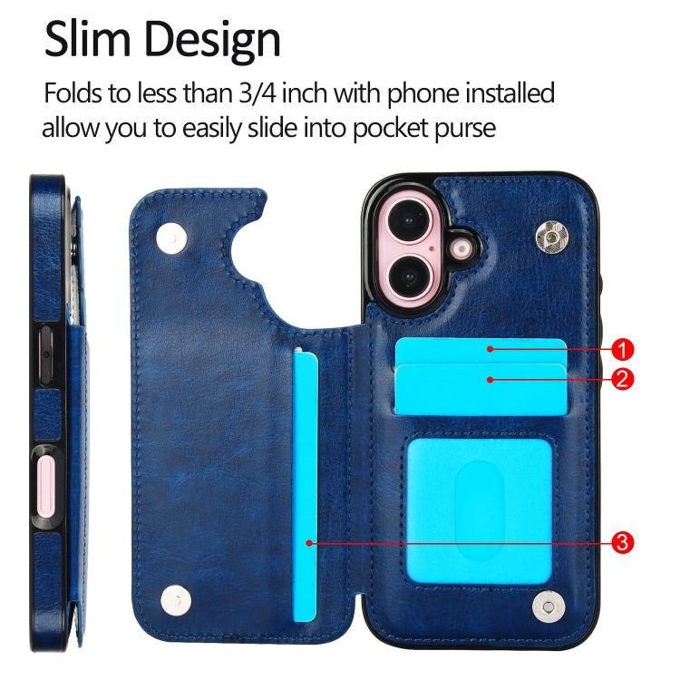 For iPhone 16 Double Buckle Crazy Horse Texture PU Phone Case(Blue) by buy2fix