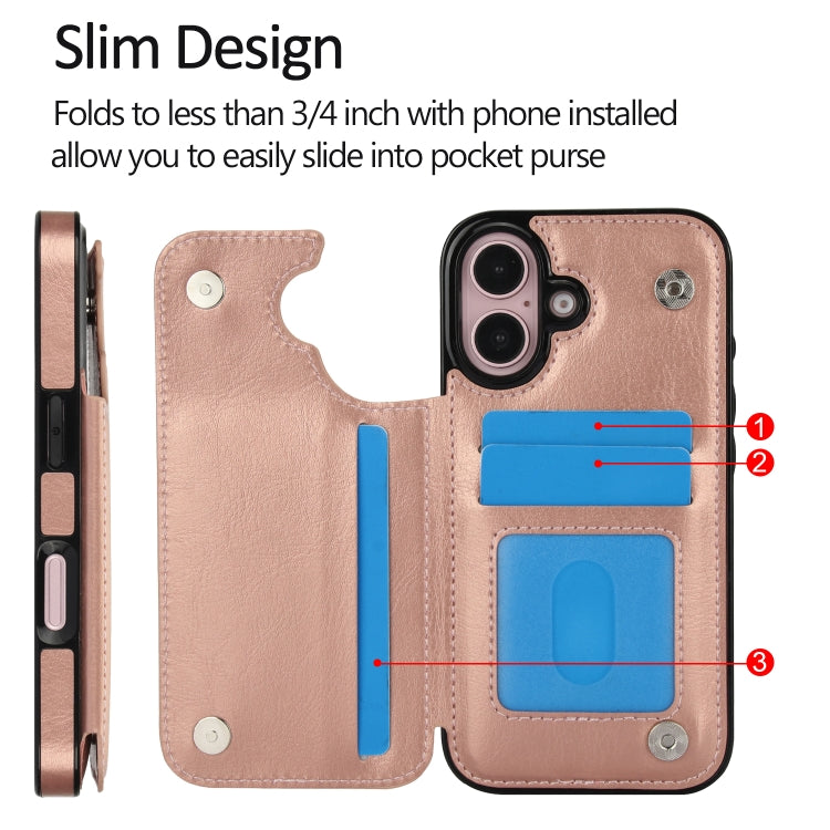 For iPhone 16 Double Buckle Crazy Horse Texture PU Phone Case(Rose Gold) by buy2fix
