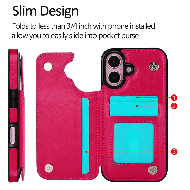 For iPhone 16 Double Buckle Crazy Horse Texture PU Phone Case(Rose Red) by buy2fix