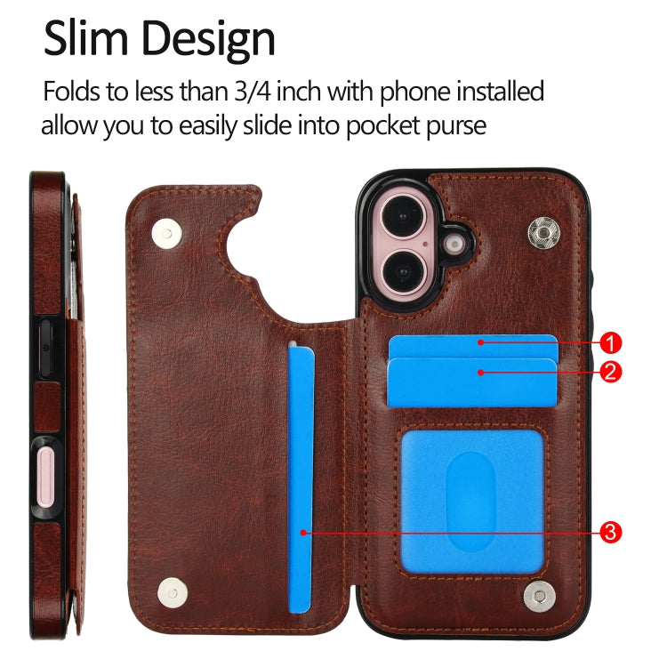 For iPhone 16 Double Buckle Crazy Horse Texture PU Phone Case(Brown) by buy2fix