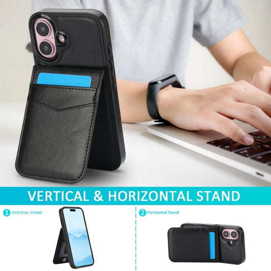 For iPhone 16 Plus Solid Color Card Slots Bracket PU Phone Case(Black) by buy2fix