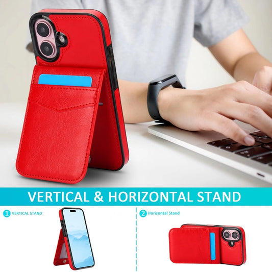 For iPhone 16 Plus Solid Color Card Slots Bracket PU Phone Case(Red) by buy2fix