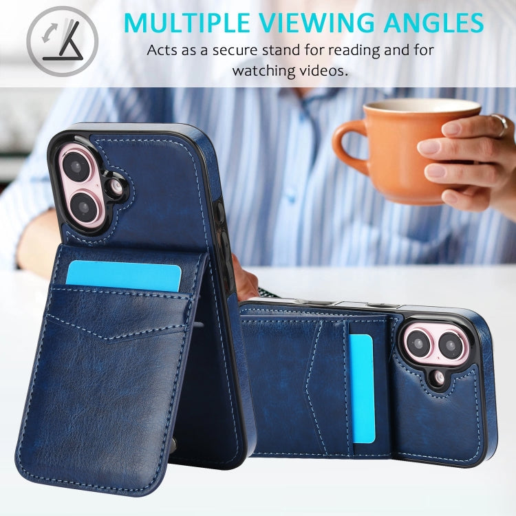 For iPhone 16 Plus Solid Color Card Slots Bracket PU Phone Case(Blue) by buy2fix