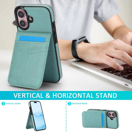 For iPhone 16 Solid Color Card Slots Bracket PU Phone Case(Mint Green) by buy2fix
