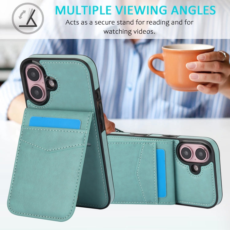 For iPhone 16 Solid Color Card Slots Bracket PU Phone Case(Mint Green) by buy2fix