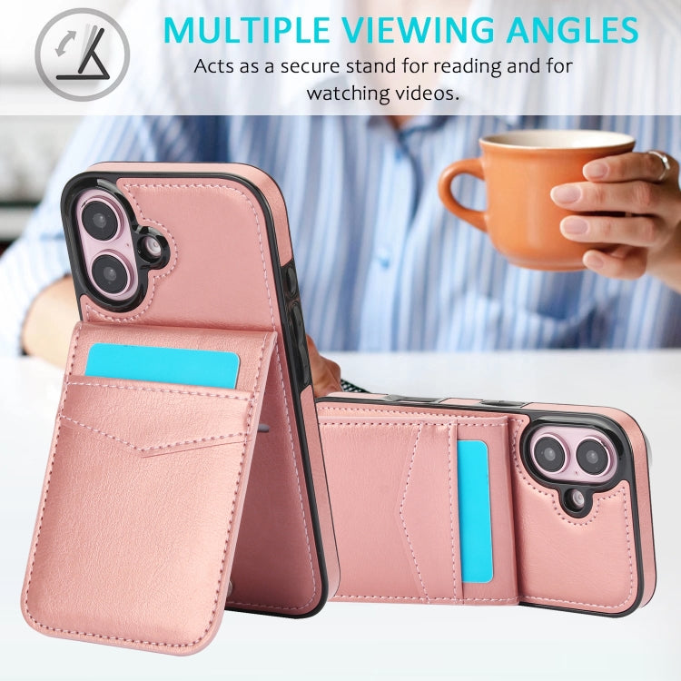 For iPhone 16 Solid Color Card Slots Bracket PU Phone Case(Rose Gold) by buy2fix