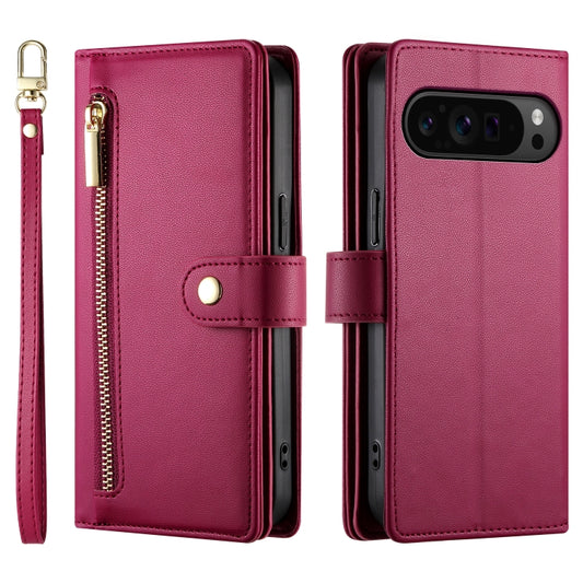 For Google Pixel 9 Pro XL Nine Card-slot Zipper Wallet Bag Leather Phone Case(Red) by buy2fix