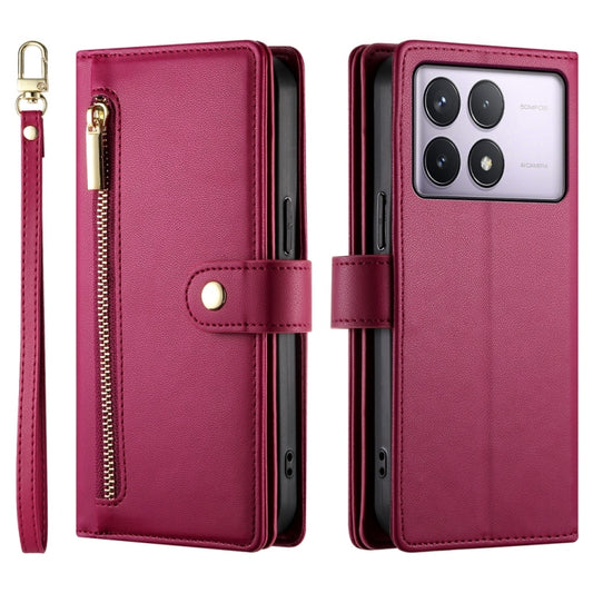 For Redmi K70 Nine Card-slot Zipper Wallet Bag Leather Phone Case(Red) by buy2fix