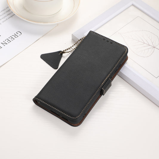For Motorola Moto G85 Side-Magnetic TJ Genuine Leather RFID Phone Case(Black) - Motorola Cases by buy2fix | Online Shopping UK | buy2fix