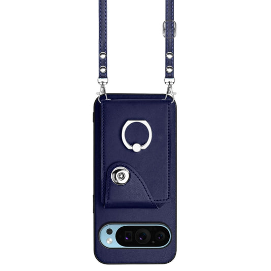 For Google Pixel 9 / 9 Pro Organ Card Bag Ring Holder Phone Case with Long Lanyard(Blue) by buy2fix