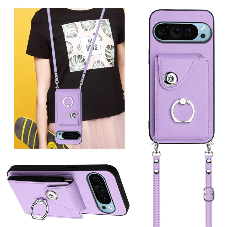 For Google Pixel 9 / 9 Pro Organ Card Bag Ring Holder Phone Case with Long Lanyard(Purple) by buy2fix