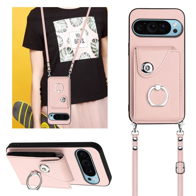 For Google Pixel 9 / 9 Pro Organ Card Bag Ring Holder Phone Case with Long Lanyard(Pink) by buy2fix