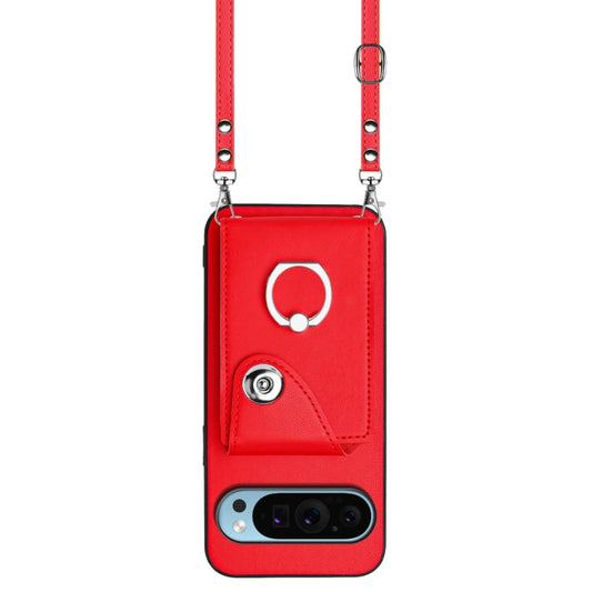 For Google Pixel 9 Pro XL Organ Card Bag Ring Holder Phone Case with Long Lanyard(Red) by buy2fix