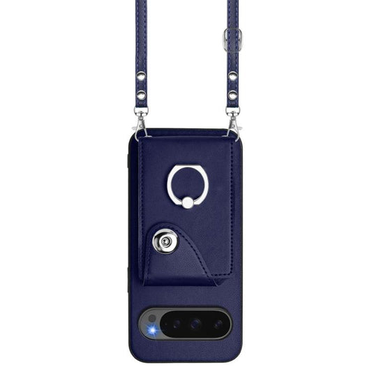 For Google Pixel 10 Pro XL Organ Card Bag Ring Holder Phone Case with Long Lanyard(Blue) - Google Cases by buy2fix | Online Shopping UK | buy2fix