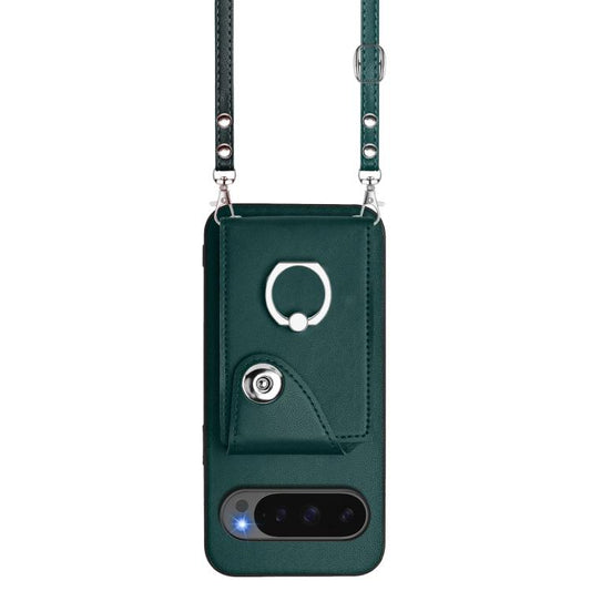 For Google Pixel 10 / 10 Pro Organ Card Bag Ring Holder Phone Case with Long Lanyard(Green) - Google Cases by buy2fix | Online Shopping UK | buy2fix