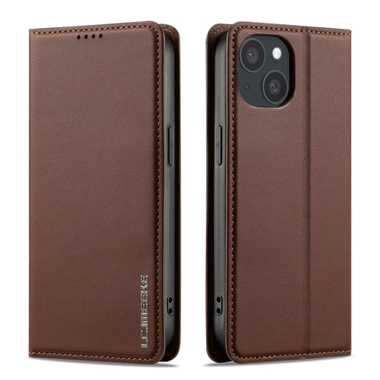 For iPhone 15 LC.IMEEKE L1 Series Frosted Fine Texture PU Phone Case(Brown) - iPhone 15 Cases by LC.IMEEKE | Online Shopping UK | buy2fix