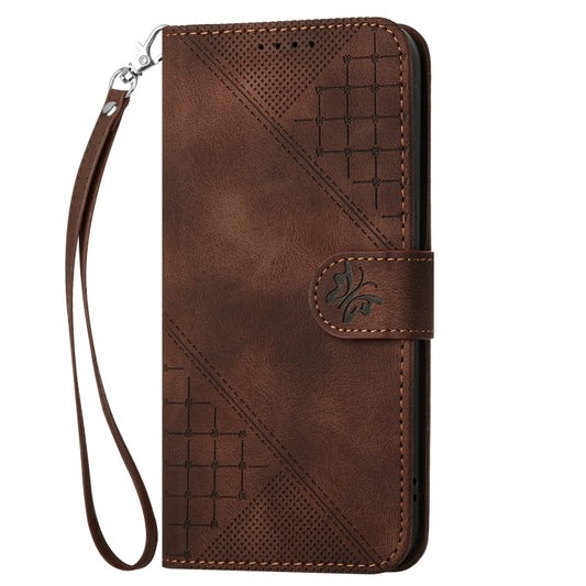 For Motorola Edge 2024 5G Global Grid Butterfly Embossed Pattern Leather Phone Case with Lanyard(Coffee) by buy2fix