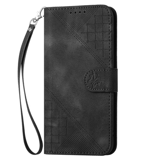 For Motorola Moto G Play 4G 2024 Grid Butterfly Embossed Pattern Leather Phone Case with Lanyard(Black) by buy2fix