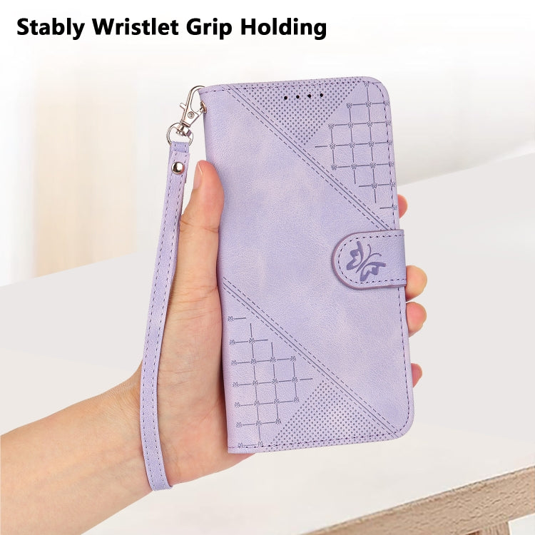 For Motorola Moto G Stylus 5G 2024 Grid Butterfly Embossed Pattern Leather Phone Case with Lanyard(Light Purple) by buy2fix