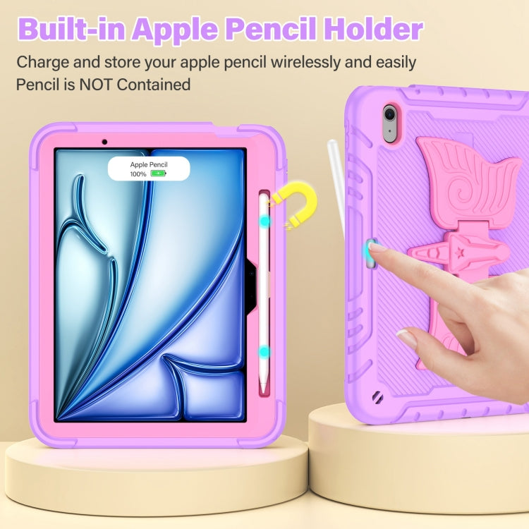 For iPad Air 11 2025 / 2024 Kickstand PC Hybrid Silicone Tablet Case with Strap(Purple Rose Red) by buy2fix