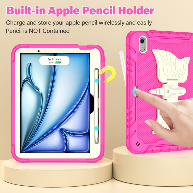 For iPad Air 11 2025 / 2024 Kickstand PC Hybrid Silicone Tablet Case with Strap(Beige Rose Red) by buy2fix