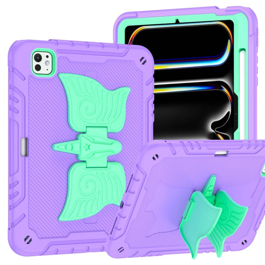 For iPad Pro 11 2025 / 2024 Kickstand PC Hybrid Silicone Tablet Case with Strap(Purple Mint) by buy2fix
