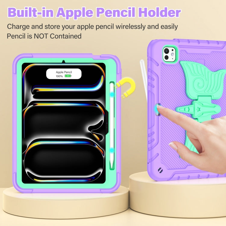 For iPad Pro 11 2025 / 2024 Kickstand PC Hybrid Silicone Tablet Case with Strap(Purple Mint) by buy2fix