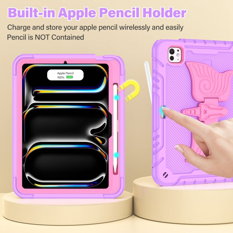 For iPad Pro 11 2025 / 2024 Kickstand PC Hybrid Silicone Tablet Case with Strap(Purple Rose Red) by buy2fix