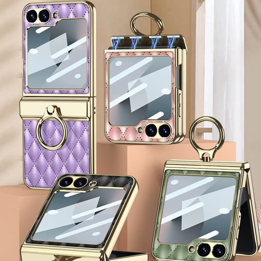 For Samsung Galaxy Z Flip6 / Flip7 FE GKK Rhombus Pattern Integrated Electroplated Leather Phone Case with Ring(Dark Green) by GKK