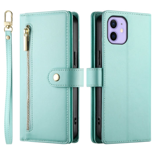 For iPhone 12 / 12 Pro Nine Card-slot Zipper Wallet Bag Leather Phone Case(Mint Green) - iPhone 12 / 12 Pro Cases by buy2fix | Online Shopping UK | buy2fix