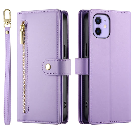 For iPhone 12 / 12 Pro Nine Card-slot Zipper Wallet Bag Leather Phone Case(Purple) - iPhone 12 / 12 Pro Cases by buy2fix | Online Shopping UK | buy2fix