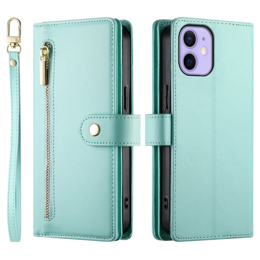 For iPhone 12 mini Nine Card-slot Zipper Wallet Bag Leather Phone Case(Mint Green) - iPhone 12 mini Cases by buy2fix | Online Shopping UK | buy2fix