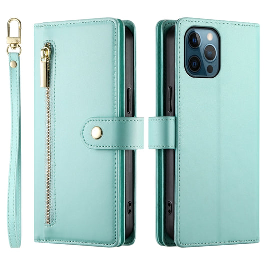 For iPhone 12 Pro Max Nine Card-slot Zipper Wallet Bag Leather Phone Case(Mint Green) - iPhone 12 Pro Max Cases by buy2fix | Online Shopping UK | buy2fix
