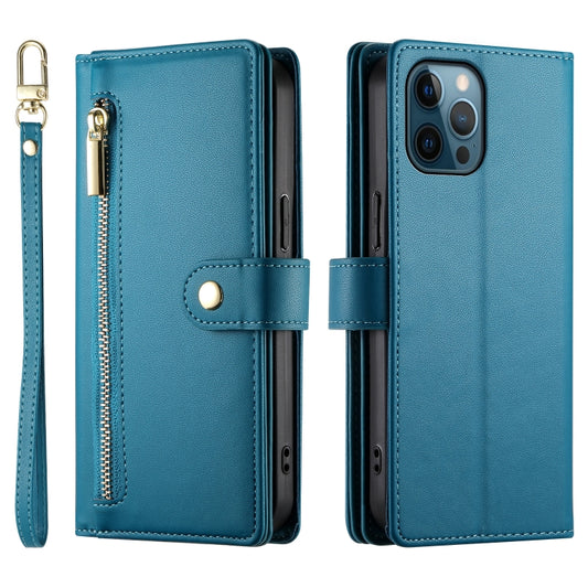 For iPhone 12 Pro Max Nine Card-slot Zipper Wallet Bag Leather Phone Case(Blue) - iPhone 12 Pro Max Cases by buy2fix | Online Shopping UK | buy2fix