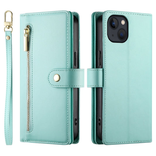 For iPhone 13 Nine Card-slot Zipper Wallet Bag Leather Phone Case(Mint Green) - iPhone 13 Cases by buy2fix | Online Shopping UK | buy2fix