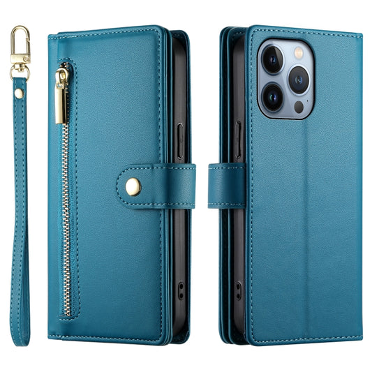 For iPhone 13 Pro Nine Card-slot Zipper Wallet Bag Leather Phone Case(Blue) - iPhone 13 Pro Cases by buy2fix | Online Shopping UK | buy2fix