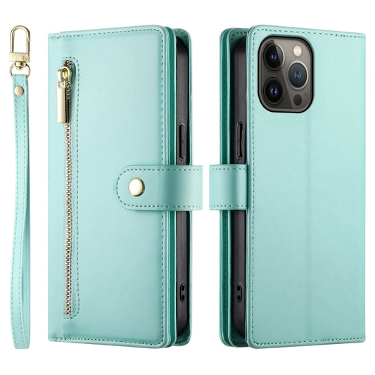 For iPhone 13 Pro Max Nine Card-slot Zipper Wallet Bag Leather Phone Case(Mint Green) - iPhone 13 Pro Max Cases by buy2fix | Online Shopping UK | buy2fix