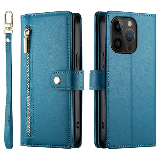 For iPhone 14 Pro Nine Card-slot Zipper Wallet Bag Leather Phone Case(Blue) - iPhone 14 Pro Cases by buy2fix | Online Shopping UK | buy2fix