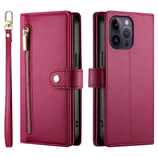 For iPhone 14 Pro Max Nine Card-slot Zipper Wallet Bag Leather Phone Case(Red) - iPhone 14 Pro Max Cases by buy2fix | Online Shopping UK | buy2fix