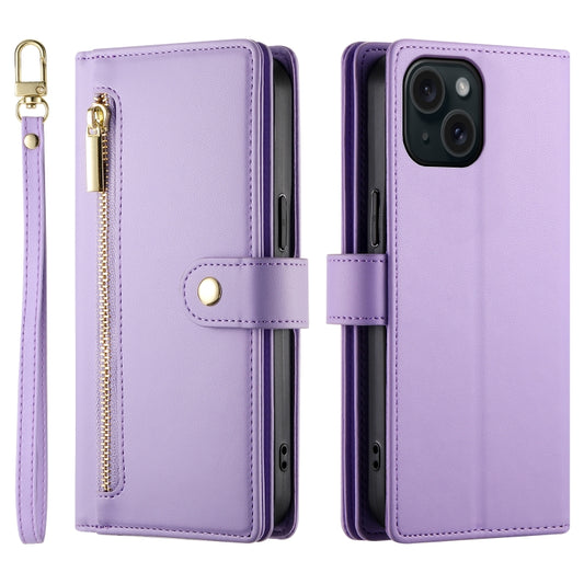 For iPhone 15 Nine Card-slot Zipper Wallet Bag Leather Phone Case(Purple) - iPhone 15 Cases by buy2fix | Online Shopping UK | buy2fix