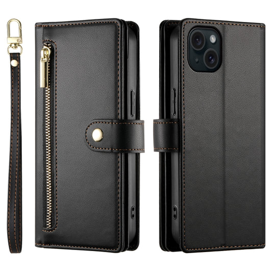For iPhone 15 Plus Nine Card-slot Zipper Wallet Bag Leather Phone Case(Black) - iPhone 15 Plus Cases by buy2fix | Online Shopping UK | buy2fix