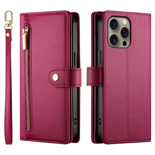 For iPhone 16 Pro Nine Card-slot Zipper Wallet Bag Leather Phone Case(Red) by buy2fix