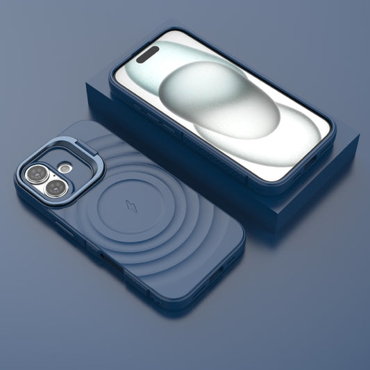 For iPhone 16 Lens Frame Bracket Corrugated MagSafe Phone Case(Dark Blue) by buy2fix