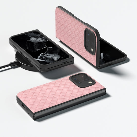 For Google Pixel 9 Pro Fold Black Frame Woven Texture PU Phone Case(Pink) by buy2fix