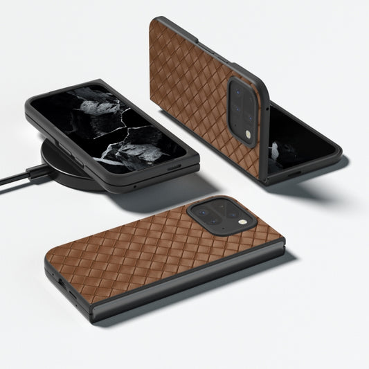 For Google Pixel 9 Pro Fold Black Frame Woven Texture PU Phone Case(Brown) by buy2fix