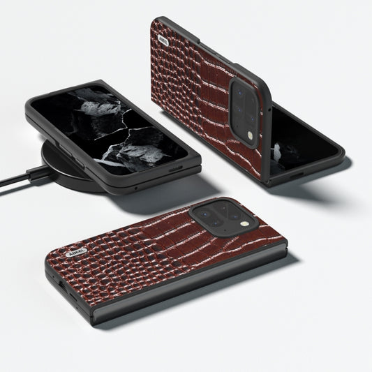 For Google Pixel 9 Pro Fold ABEEL Genuine Leather Crocodile Pattern Black Edge Phone Case(Coffee) by buy2fix