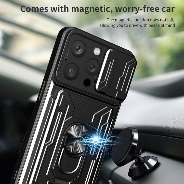 For iPhone 16 Pro Sliding Camshield TPU+PC Phone Case with Card Slot(Dark Green) by buy2fix